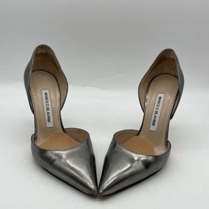 Manolo Blahnik D'orsay Silver Pewter Metallic Pointed Toe Stiletto Pump 36.5